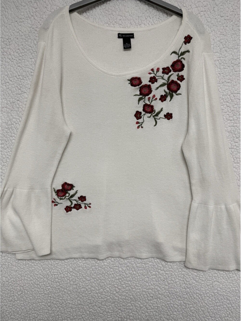 New Directions Womens XL Ivory Floral Embroidered Bell Sleeve Knit Sweater Top